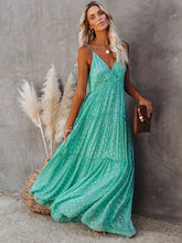 Sleeveless Spaghetti Strap Pleated V Neck Maxi Boho Dress